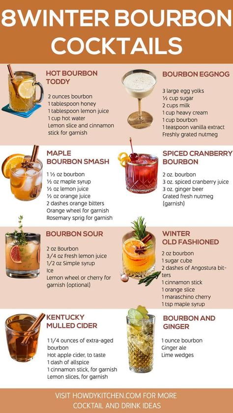 A colorful image displaying 8 popular Winter Bourbon Cocktails, featuring recipes like Hot Bourbon Toddy, Maple Bourbon Smash, and Spiced Cranberry Bourbon. Ideal for showcasing cozy and festive winter cocktail ideas using bourbon. Bourbon Drinks Winter, Bourbon Cocktail Winter, Fun Winter Cocktails, Bourbon Eggnog, Winter Cocktails Recipes, Bourbon Recipes, Bourbon Cocktail, Winter Drink, Thanksgiving Drinks