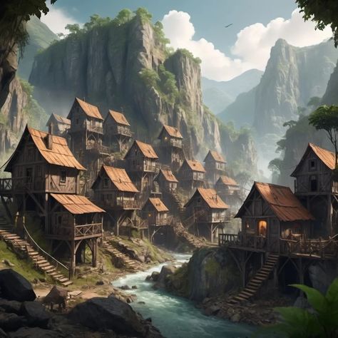 Mountainous mining town in the jungle. medieval fant... Town Concept Art, Fantasy Town, Mining Town, Deep Woods, Fantasy Theme, In The Jungle, Medieval Town, Environment Concept Art, 3d Characters