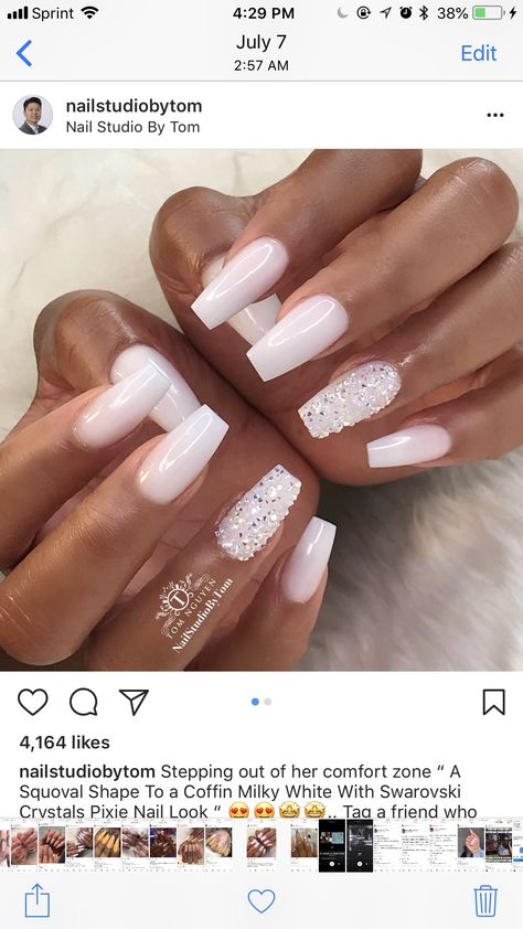 Nail Inspo Milky White, Nail Art Elegant, Squoval Acrylic Nails, Coffin Nails Designs Summer, Bridal Manicure, Wedding Day Nails, Wedding Nail Art, White Coffin Nails, Short Coffin Nails