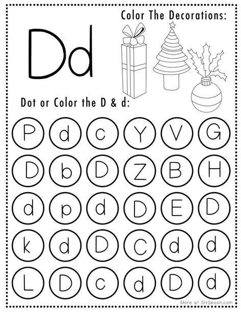 Letter Dot Printables Free, Prek Lessons, Letter D Worksheet, Letter D Crafts, Flamingo Craft, Letter Recognition Activities, Dot Worksheets, Christmas Worksheets, Preschool Colors