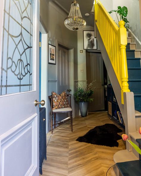 Hallway Wall Colors, Yellow Hallway, Hallway Colour Schemes, Yellow Stairs, Hallway Colours, Hallway Inspiration, British Home, Uk Homes, Dark Interiors