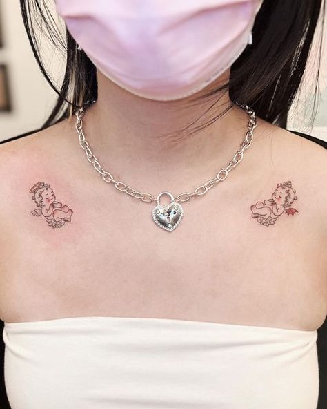 Angel Collar Bone Tattoo, Matching Collar Bone Tattoos, Tiny Collar Bone Tattoo, Devil And Angel Tattoo, Collar Bone Tattoo Ideas, Angel And Devil Tattoo, Angel Devil Tattoo, Birthday Tattoos, Collar Tattoo