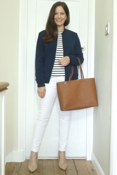 Gemma what to wear blog, white jeans and stripe top outfit, navy bomber jacket oufit, fashion over 40, style over 40 Classic White Jeans Outfit, White Jeans Navy Blazer, What To Wear Classic Fashion For Women Gemma, What To Wear Gemma, Gemma What To Wear, Navy And White Outfits For Women, Navy Striped Top Outfit, Navy Stripe Top Outfit, Navy Blazer Outfit Women