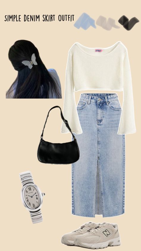 Summer outfit: denim skirt, white top, black purse, silver watch, and New Balance 530 Denim Skirt White Top, Outfit Denim Skirt, Thick Skirt, Denim Skirt Outfit, Outfit Denim, Easy Hairstyles For Thick Hair, Denim Skirt Outfits, Outfit Collage, Black Purse