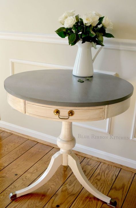 Drum Table Makeover Round End Tables Living Room Farmhouse, Drum Table Makeover, End Table Makeover, Cowhide Chair, Simple Closet, Faux Shiplap, Drum Table, Farmhouse Side Table, Painted Drawers