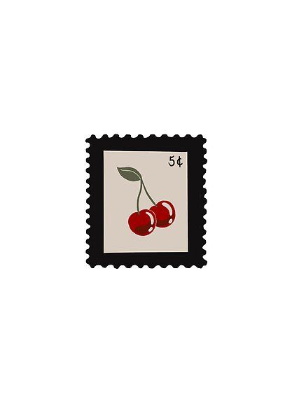 Cherry Postage Stamp Design by alexisrae444 | Redbubble Cute Postage Stamp Drawing, Postage Stamp Aesthetic, Stamps Aesthetic, Stamp Aesthetic, Png Packs, Stamp Drawing, Phone Widgets, Kindle Stickers, Postage Stamp Design