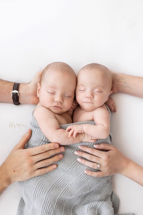 Parents rest their hands on their sleeping infant twin boys during a Newborn Session by Lily Sophia Photography in our natural light studio near the Midtown area of Atlanta, Georgia. At Home Twin Newborn Pictures, Twin Newborn Photoshoot, Twin Newborn Photography, Newborn Twin Photos, Twin Newborn, Newborn Twins Photography, Twin Pictures, Twin Photography, Twin Baby Boys