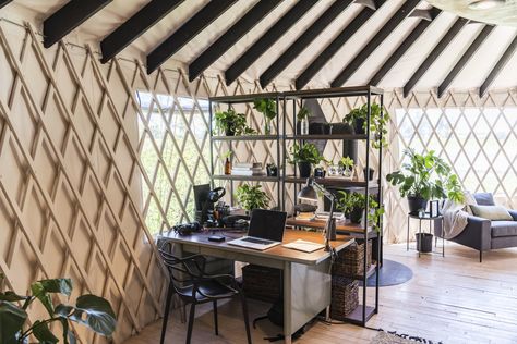 Photo 30 of 37 in Construction Diary: A Young Couple DIY a Lofted Yurt in Portland - Dwell Diy Yurt, Modern Yurt, Yurt Interior, Lofted Bed, Tanker Desk, Yurt Home, Yurt Living, Luxury Safari Lodge, Walnut Bookcase