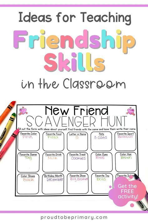 Your guide to teaching kids how to make friends and develop strong relationship skills in the elementary (kindergarten, first, second, third, fourth, and fifth grade) classroom. Find lessons, activities, and strategies, such as how to share, take turns, listen, be a good friend, and show teamwork and cooperation. Classroom friendships can be built through play, social skills lessons, and opportunities to work as a group and solve problems. Grab the free friendship scavenger hunt printable. New Friend Scavenger Hunt, Friendship Elementary Activities, Friendship Lessons Kindergarten, Elementary Social Skills Group, Social Skills Preschool Activities, Friendship Activities First Grade, Aba Social Group Activities, Friendship Group Activities Elementary, Teamwork Activities For Kindergarten