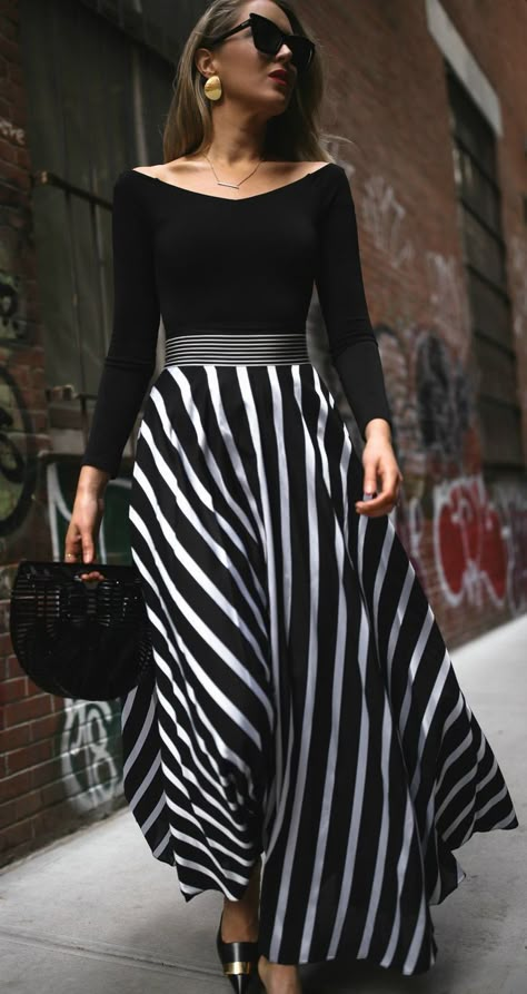 SPRING FAVORITES // black and white striped maxi skirt, black off the shoulder bodysuit, black embellished mule pumps, black oversized cat-eye sunglasses, black straw clutch {Diane von Furstenberg, DVF, Alice and Olivia, Le Specs, Cult Gaia, spring style, Stylish Spring Outfit, Skirt Outfit Ideas, Clogs Outfit, Maxi Skirt Outfits, Striped Maxi Skirts, Fitting Dress, Striped Skirt, Elegant Skirt, Black Women Fashion