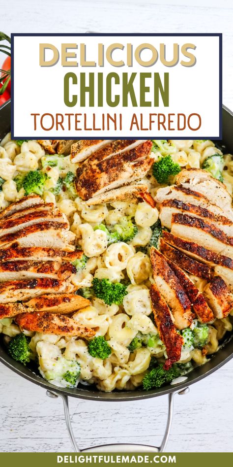 Delicious Chicken Tortellini Alfredo is made with a simple homemade alfredo sauce recipe, this dinner comes together from start to finish in 20 minutes or less. This recipe includes pan-seared chicken breasts, which are a great addition for extra protein. It also includes steamed broccoli for the perfect amount of green and added veggies. This one-pan dinner solution is perfect for any night of the week. Easy Tortellini Alfredo, Chicken Tortellini Alfredo, Homemade Alfredo Sauce Recipe, Easy Tortellini, Greek Tortellini Salad, Tortellini Alfredo, Alfredo Sauce Recipe Homemade, Quick Pasta Recipes, Chicken Tortellini