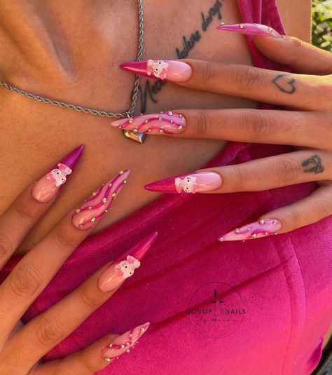 Stilleto Nails Hello Kitty, Hello Kitty Nails Stiletto, Hello Kitty Manicure, Uñas Hello Kitty, Pink Hello Kitty Nails, Flirty Nails, Bright Acrylic Nails, Nails Hello Kitty, Nails Aesthetics