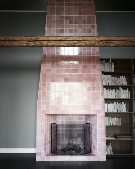 Discover The Colorful And Creative Universe of File Under Pop Pink Fireplace, Wall Tiles Living Room, Pink Ceiling, Gray Painted Walls, Staircase Wall, Pink Tiles, Light Coral, Fireplace Tile, Pop Design