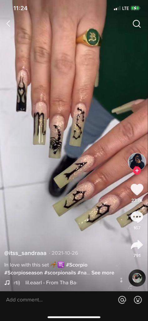 Scorpion Nails Acrylic, Scorpio Acrylic Nails Designs, Scorpio Themed Nails, Scorpio Nails Acrylic Design, Scorpio Bday Nails, Scorpio Season Nails, Scorpio Nail Designs, Scorpio Nails Designs Short, Scorpio Inspired Nails