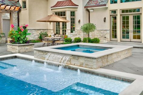 Like the waterfall from the jacuzzi and the sun shelf Rectangle Swimming Pools, Sun Shelf, Swimming Pool Pictures, Rectangle Pool, Living Pool, Building A Swimming Pool, Pools Backyard Inground, Pool Remodel, Cool Swimming Pools