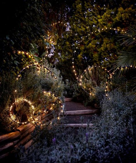 If you’re looking for a quick and affordable way to jazz up your backyard, try your hand at one (or all) of these whimsical lighting ideas to illuminate your outdoor space. Apartment Hacks, Outdoor Fairy Lights, Moon Garden, Backyard Lighting, Night Garden, Magical Garden, Have Inspiration, Garden Cottage, Landscape Lighting