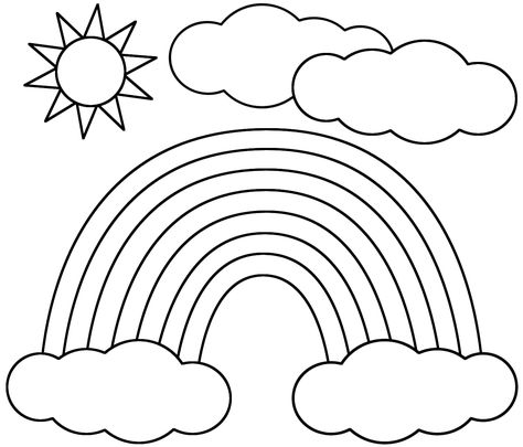 Rainbow space for 7 colours in Rainbow Song:  1. Red (tomato)  2. Orange (orange) 3. Yellow (banana)  4. Green (green apple)  5. Blue (blueberries)  6. Indigo  7. Violet Rainbow Ideas, Sun Coloring Pages, Kids Printable Coloring Pages, Coloring Pages Nature, Rainbow Drawing, Rainbow Pictures, Sun And Clouds, Coloring Sheets For Kids, Borders Design