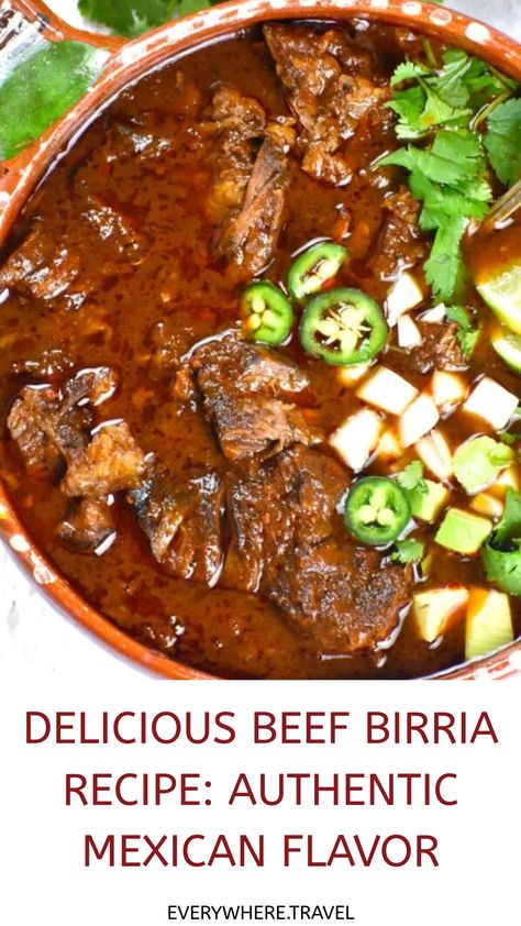 Beef birria stew topped with chopped cilantro, jalapeños, and onions. Beef Stew Meat Mexican Recipes, Recipes For Mexican Food, Spanish Meat Recipes, Mexico In My Kitchen Recipes, Mexican Food For Diabetics, Mexican For Dinner, Classic Mexican Dishes, Mexican Roast Beef, Mexican Meat Recipes