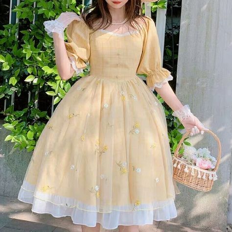 Yellow Cottagecore Dress, Yellow Cottagecore, Japanese Lolita Fashion, Short Sleeved Dress, Cottagecore Outfits, Dress Cottagecore, Cottagecore Dress, Sleeved Dress, Instagram Summer