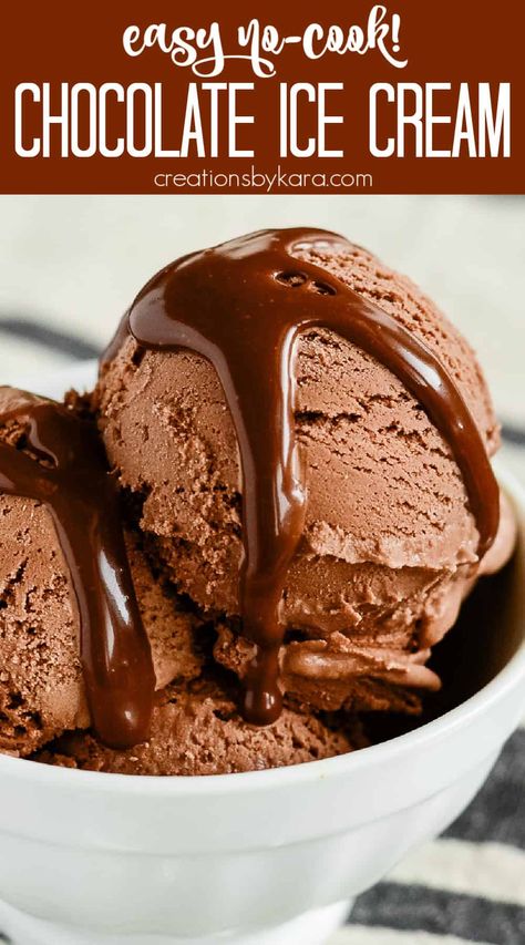 Whether you eat it plain, or go crazy with mix-ins, this No-Cook Chocolate Ice Cream is a must try! It is such an easy ice cream recipe, but has amazing texture and rich chocolate flavor. #easychocolateicecream #egglessicecream @Creations by Kara How To Make Chocolate Ice Cream, Homemade Ice Cream Recipes Machine, Smores Ice Cream, Ice Cream Recipes Machine, Chocolate Ice Cream Recipe, Easy Ice Cream Recipe, Vanilla Ice Cream Recipe, Pumpkin Ice Cream, Mint Chocolate Chip Ice Cream