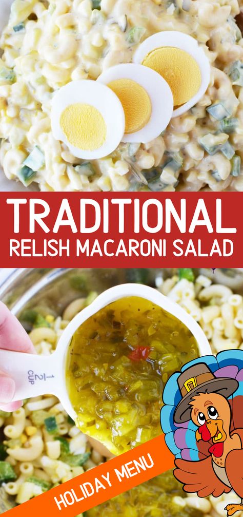 Relish Macaroni Salad for a traditional Thanksgiving Side Dish, Classic macaroni salad is a creamy and delicious pasta salad side dish perfect for parties, picnics and pot lucks. Mayo and honey mustard combined with sweet and tangy relish and boiled eggs, makes every bite a perfect pairing for your outdoor grilling menu. There is a reason it was on grandma’s table every holiday!  #macaronisalad #thanksgivingrecipes #thanksgiving #dinner #sidedish #party Macaroni Salades, Macaroni Salad With Ham, Southern Macaroni Salad, Salad Thanksgiving, Egg Macaroni Salad, Homemade Macaroni Salad, Zucchini Relish, Easy Macaroni Salad, Classic Macaroni Salad