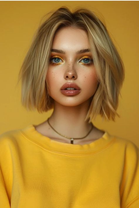 Young woman with striking amber eyes and freckles, wearing a yellow top against a matching yellow background. Trendy Womens Haircuts, Brunette Hair Cuts, Chin Length Cuts, Chin Length Haircuts, Chin Length, Chin Length Hair, Haircuts With Bangs, Face Shape, Womens Haircuts