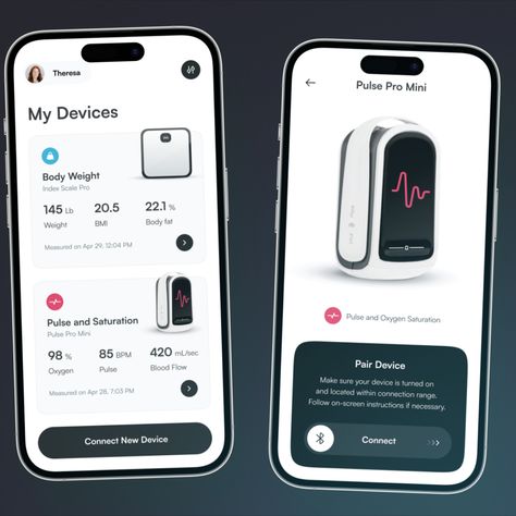 Our team has recently developed a new concept for a medical device management app. The app aims to connect medical devices via Bluetooth to monitor health data such as body weight, pulse rate, blood oxygen levels, blood pressure, and more. Medical App Ui Design, Blood Pressure App, Medical App, Android Design, Sports App, Mobile App Ui, Health App, Medical Devices, Devices Design