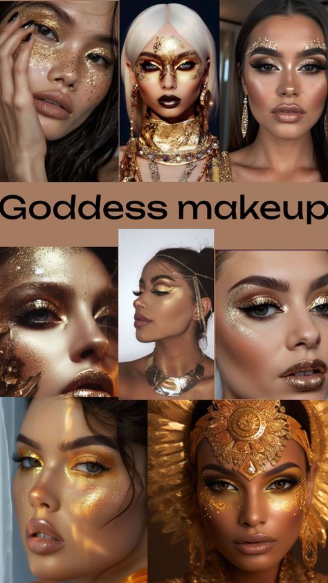 #makeup #makeupinspo #makeupideas #goddesss #gold #goddessmakeup #beautiful #glamorous #sparkles #styleinspo #beauty Goddess Makeup Halloween, Greek Goddess Makeup Look, Moon Goddess Makeup, Gold Goddess Makeup, Persephone Makeup, Greek Goddess Makeup, Goddess Makeup Look, Goddess Makeup, Gold Goddess