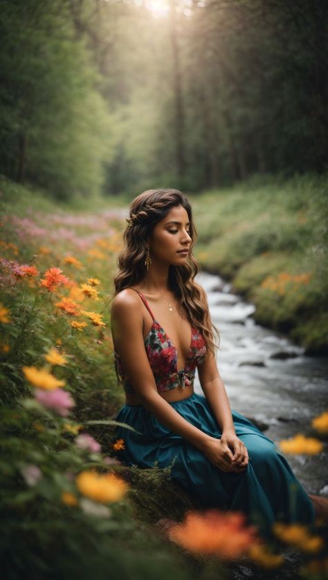 "Photogenic Model by Forest Stream" Model Sitting, Forest Stream, Lake Photoshoot, Spring Photoshoot, Nature Photoshoot, Romantic Girl, Beautiful Red Hair, Fashion Art Photography, Summer Photoshoot