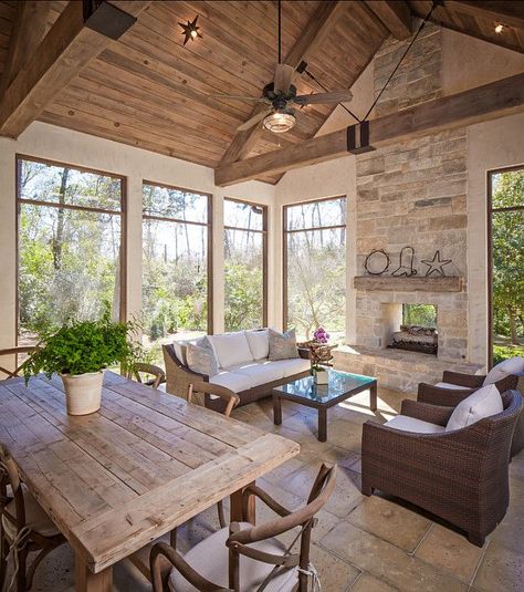 Sunroom. Beautiful Rustic Sunroom Design. #Sunroom Porch Enclosure, Screened Porches, Balkon Decor, Addition Ideas, Cottage Retreat, Sunroom Decorating, Room Addition, Stone Patio, Sunroom Designs