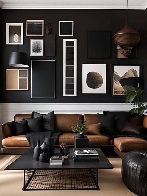 Mans Living Room Decor Ideas, Masculine Modern Decor, Masculine Home Decor Living Room, Home Decor For Men Masculine Interior, Modern Black And Brown Living Room, Masculine Apartment Decor, Modern Antique Decor, Leather Living Room Decor, Men Living Room Ideas