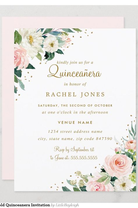 Floral Blush Pink Gold Quinceanera Invitation Gold Quinceanera, Rachel Jones, Quinceanera Invitation, Quinceanera Invitations, Quinceanera, Pink Gold, Pink And Gold, Blush Pink, Blush