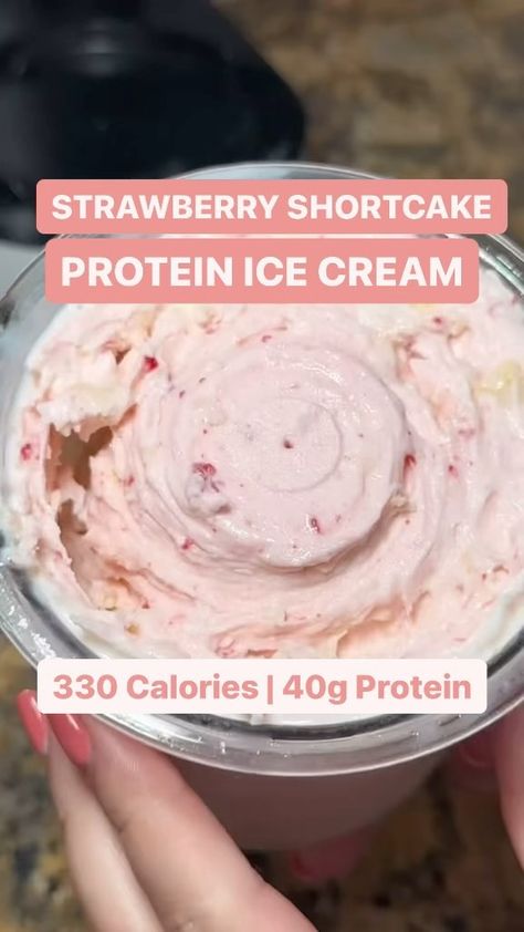 STRAWBERRY SHORTCAKE PROTEIN ICE CREAM 330 Calories | 40g Protein By @fifiimarie 💪 Ingredients: 1 Strawberry Protein Shake 4 tbsp SF… | Instagram Ninja Creami Protein Ice Cream Recipe Fairlife, Strawberries And Cream Protein Shake, Strawberry Cheesecake Ninja Creami Protein, Strawberry Shortcake Ninja Creami, Protein Ice Cream Ice Cream Maker, Ninja Creami Strawberry Protein Ice Cream, Healthy Ninja Creami Recipe Protein, Ninja Creami Protein Ice Cream Recipe Strawberry, Strawberry Shortcake Protein Shake