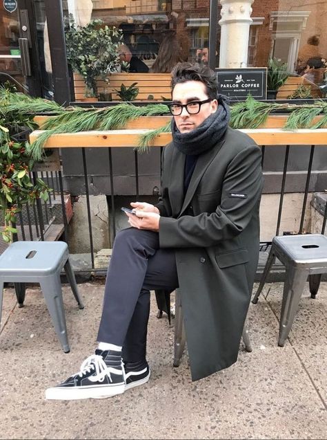 Balenciaga Coat, Dan Levy, Daniel Levy, David Rose, Friday Outfit, Schitts Creek, Vans Sneakers, Suits Coats, Chris Evans