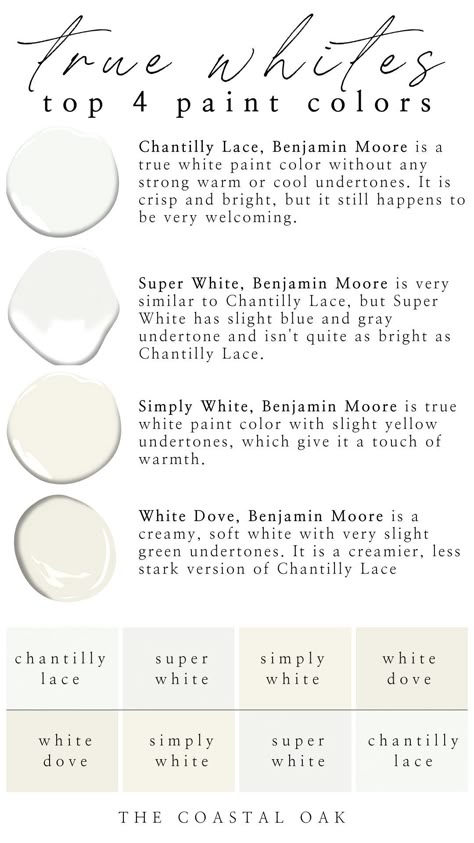 Neutral White Paint Colors Benjamin Moore, Classic White Paint Colors, Soft White Paint Colors Benjamin Moore, Not White Walls Paint Colors, White Paint Comparison, Best Interior White Paint Colors Benjamin Moore, Benjamin Moore Simply White Exterior, Chantilly Lace Complimentary Colors, Almost White Paint Colors