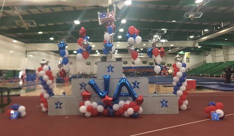 Gymnastics podium design.  USAG VA state meet Hosted by WCGPA Gymnastics Meet Decorations, Gymnastics Decorations, Recital Themes, Gymnastics Meet, Podium Design, Gymnastics Team, Backdrop Ideas, Color Run, Photo Backdrop