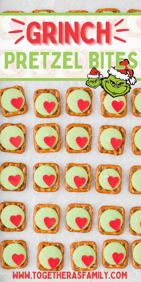 Grinch Pretzel Bites, Grinch Rice Crispy Treats, Grinch Themed Snacks, Grinch Snacks For Kids, Grinch Appetizers, Grinch Foods, Grinch Pretzels, Grinch Themed Party, Grinch Snacks