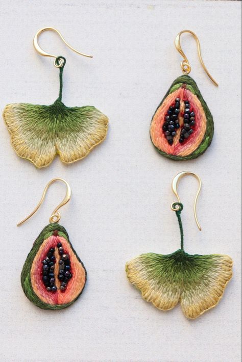 Hand embroidery fruit earrings, beaded earrings, crafts, seed bead, gold earrings, summer earrings, handmade #aesthetic #handmadejewellery #jewelry #jewelrytrends #jewelrylover #earrings #earringsforwomen #embroidery How To Make Embroidered Earrings, Embroidered Earrings Handmade, Hand Embroidered Earrings, Embroidered Earrings Diy, Hand Embroidery Fruit, Papaya Earrings, Embroided Earrings, Embroidery Earring, Fabric Earrings Handmade