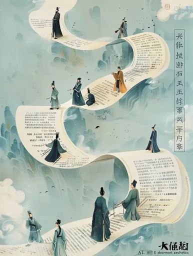 ↑↑↑ Larger size on website 🔸 The image depicts a winding path made of scrolls of paper, with figures in traditional Chinese cloth 🔸 From Midjourney AI Image Winding Path, Chinese Scroll, Paper Illustration, Web Project, Traditional Chinese, Illustrations And Posters, Spirituality