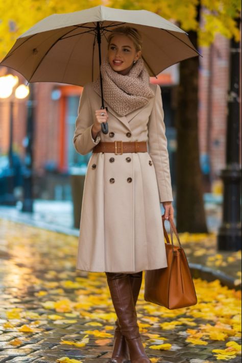 Stay stylish even on rainy days with this elegant beige trench coat and cozy knit scarf. Paired with knee-high leather boots and a classic umbrella, this look is perfect for embracing fall’s unpredictable weather while maintaining a polished, sophisticated appearance. Scarf With Trench Coat, Modest Trench Coat Outfit, Rainy Day Chic Outfit, Christian Fashion Modesty, Rainy Days Outfit, Fall Outfits Minimalist, Rainy Weather Outfits, Fall Trench Coat, Country Fall Outfits