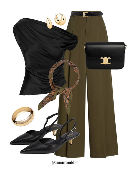 Satin off the shoulder top paired with khaki olive trousers Date night outfit, fall outfit, workwear, olive pants, khaki trousers, wide leg pants, satin top Date Night Outfit Fall, Olive Pants Outfit, Pants Satin, Dior Style, Trousers Wide Leg, Olive Pants, Khaki Trousers, Sophisticated Outfits, Green Trousers