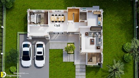 House Plans 4 Bedroom, House Plans 2 Storey, L Shaped House Plans, House Plans 2 Story, Shaped House, L Shaped House, Two Story House Design, Modern Tropical House, Wooden House Design