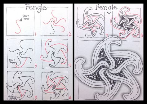 Zentangle : Tangle Pattern : Fengle drawn by ha! designs Sharpie Doodles, Zentangle Pattern, Doodle Borders, Zentangle Doodle, Zen Doodle Patterns, Zentangle Tutorial, Zentangle Artwork, Zen Tangle, Tangle Pattern