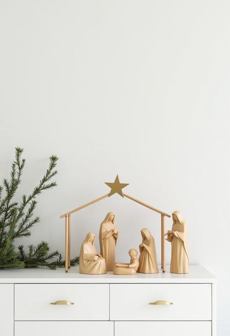 Modern nativity scenes offer a contemporary approach to traditional Christmas decor. These sleek, minimalist designs feature clean lines and simple shapes, capturing the essence of the season without overwhelming your space. From wood-carved figures to ceramic silhouettes, they blend seamlessly with mid-century modern aesthetics. There's a stylish option that's both easy to maintain and visually striking. Modern Nativity Scene, Nativity Scene Decor Ideas, Mid Century Modern Christmas Decor, Modern Christmas Decor Ideas, Modern Nativity, Traditional Christmas Decor, Geometric Trees, Mid Century Modern Christmas, Retro Color Palette