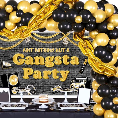 PRICES MAY VARY. Back to 90s: Black gold color shows extravagance and swagger, collocation is very retro, bringing you back to the crazy 90s! Only gangsters are welcome: The aint nothing but a gangsta party on the backdrop and the gold chain, the money symbol, the balloon chain composed of gold balloons are very in line with the momentum of the gang. Bad enough gangsters come and join our party！ Rock and roll: Our backdrop is a unique style. Bright gold gangsta elements and sound, radio, microph 50th Hip Hop Birthday Party, 90s Hip Hop Party Decorations Diy, Gangsta Party Theme, Nothing But A Gangsta Party, 90s Hip Hop 30th Birthday Party, 90s Retro Party, Old School Hip Hop Party Theme, Hip Hop Theme Party Ideas, 90s Hip Hop 40th Birthday Party