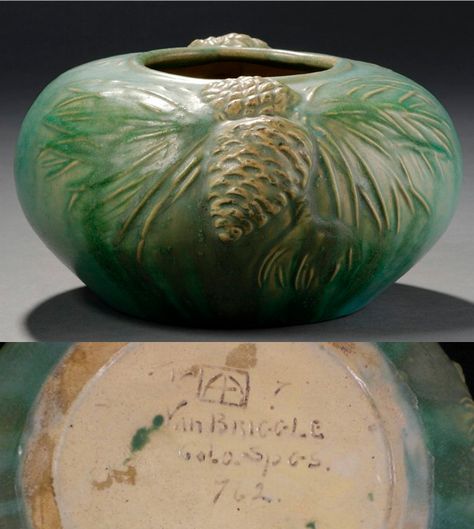 Van Briggle Pottery Arts & Crafts vase, early 1900's, low bulbous vase, shoulder decorated with pine cones and needles in relief, green, blue and creamy brown glaze, etched: 18 (?) AA, 7, VAN BRIGGLE, Colo. Spgs., 762; H 5 in. | SOLD $1,422 Skinner Auction Mccoy Pottery Vases Bohemian, Art Deco Vases Pottery, Vintage Vases Antiques Pottery, Vintage Vases Antiques Ceramic, Green Pottery, Hull Pottery, Roseville Pottery, Art Nouveau Vase Pottery, Antique Pottery