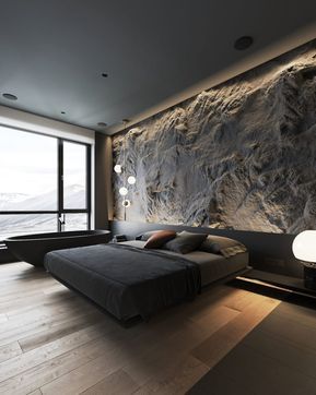 Minimal Interior Design Inspiration | 202 | UltraLinx Idea Bilik Tidur, Reka Bentuk Bilik Tidur, Textured Feature Wall, Stone Feature Wall, Gorgeous Apartment, Minimal Interior Design, Dark Bedroom, Luxury Bedroom Design, Dark Interiors