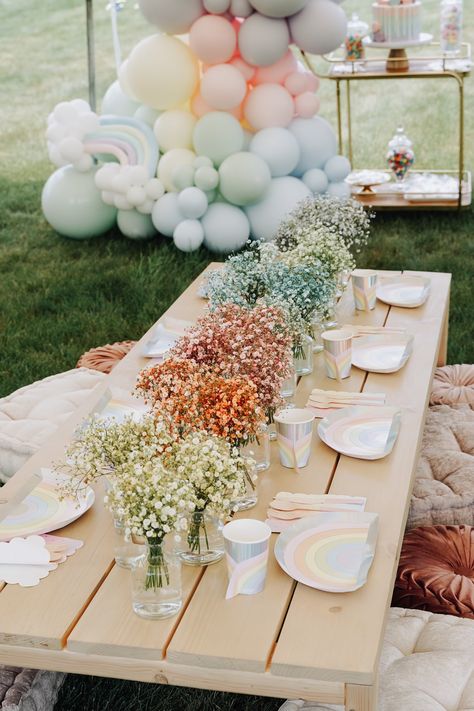 RAINBOW – gather event planning Pastel Party Centerpieces, 2nd Birthday Rainbow Theme, Pastel Party Table, Pastel Centerpieces Birthday, Rainbow Table Decor, Rainbow Baby Baby Shower Ideas, Pastel Rainbow Party Food Ideas, Pastel Rainbow Table Centerpiece, Pastel Baby Shower Decorations