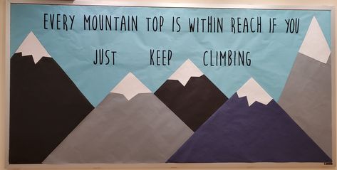 Mountain Hallway Decor School, Wolf Bulletin Board Ideas, Adventure Awaits Bulletin Board, Mountain Bulletin Board, Mountain Themed Classroom, Mountain Classroom Decor, Kudos Board, Mountain Classroom, Bulletin Board Sayings