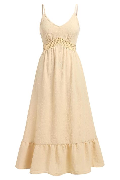 Embrace effortless elegance with this stunning beige summer dress. Featuring delicate detailing and a flattering fit, this dress is perfect for warm sunny days. Pair it with your favorite accessories for a complete look that's both stylish and comfortable. Whether you're headed to a picnic or a casual brunch, this dress is a must-have addition to your wardrobe! . SummerFashion #ChicStyle #DressToImpress #FashionInspo #CasualLooks #OutfitIdeas Beige Summer Dress, Ruffle Midi Dress, Effortless Elegance, Neck Ruffle, Sunny Days, Summer Women, Summer Dress, Sundress, Dress To Impress